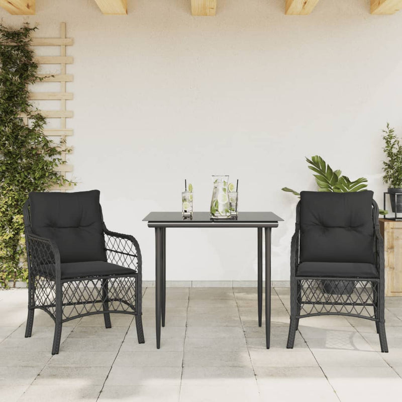 3 Piece Bistro Set with Cushions Black Poly Rattan