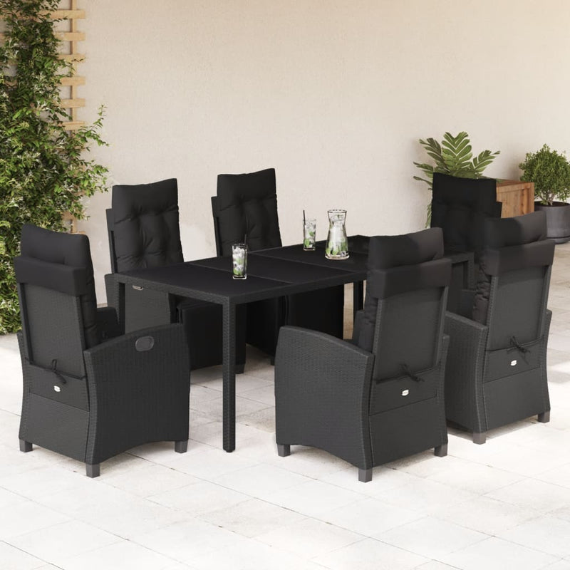 7 Piece Garden Dining Set with Cushions Black Poly Rattan