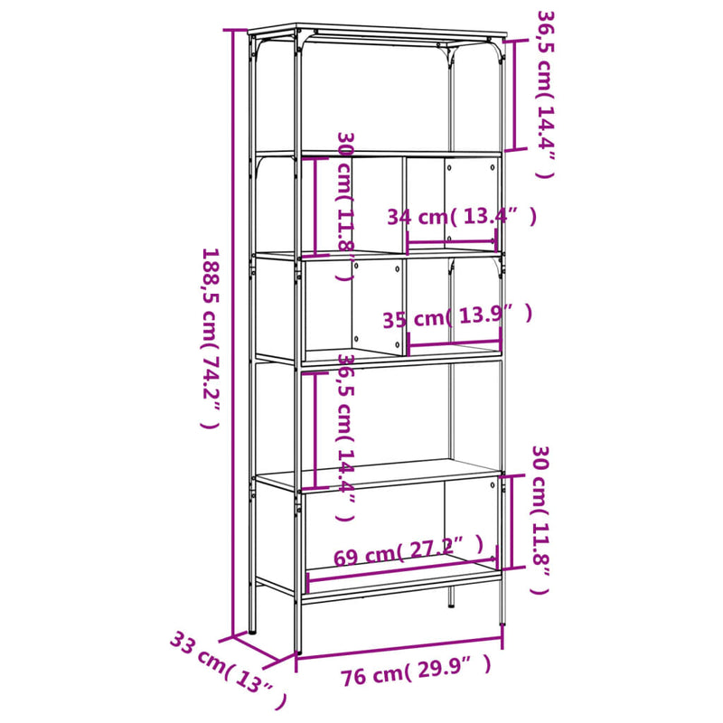 Bookcase 5-Tier Black 76x33x188.5 cm Engineered Wood