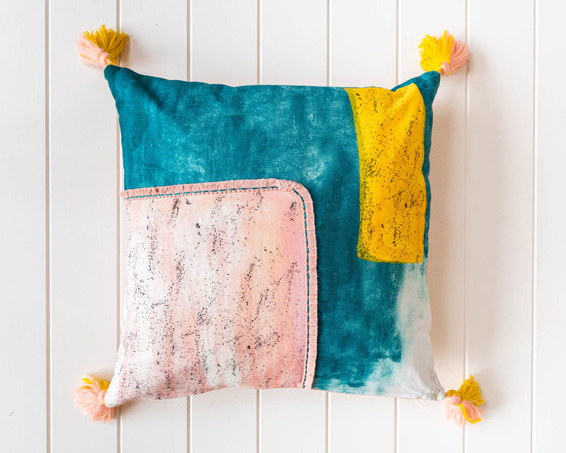 Modern Cushion Abstract Pattern Blue Pink and Yellow 45x45cm Image 1 - modern-cushion-abstract-pattern-blue-pink-and-yellow-45x45cm