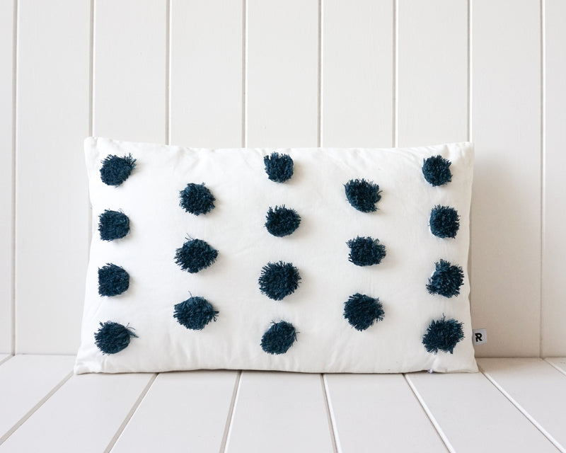Boho Throw Cushion in White with Tufted Blue Spots 30x50cm Image 1 - boho-throw-cushion-in-white-with-tufted-blue-spots-30x50cm