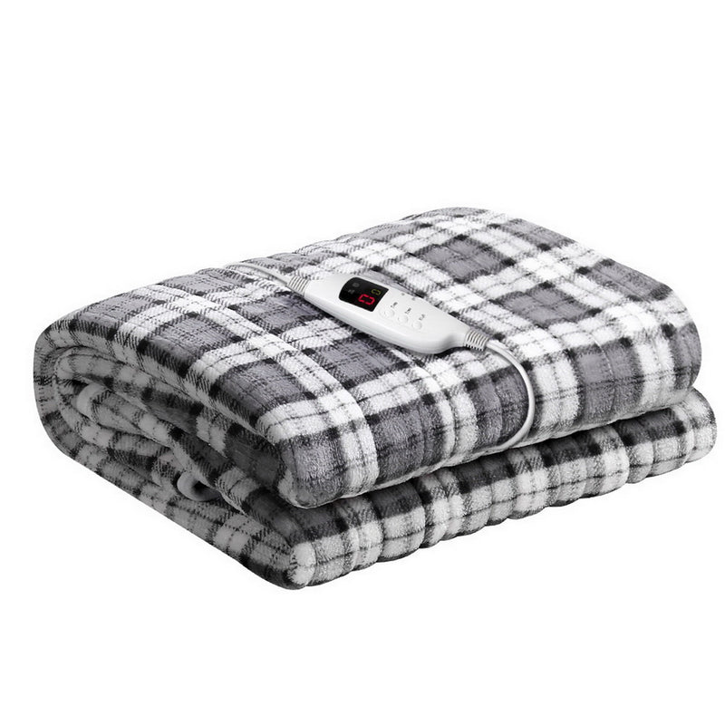 Bedding Electric Throw Rug Flannel Snuggle Blanket Washable Heated Grey and White Checkered Image 1 - eb-throw-rug-fln