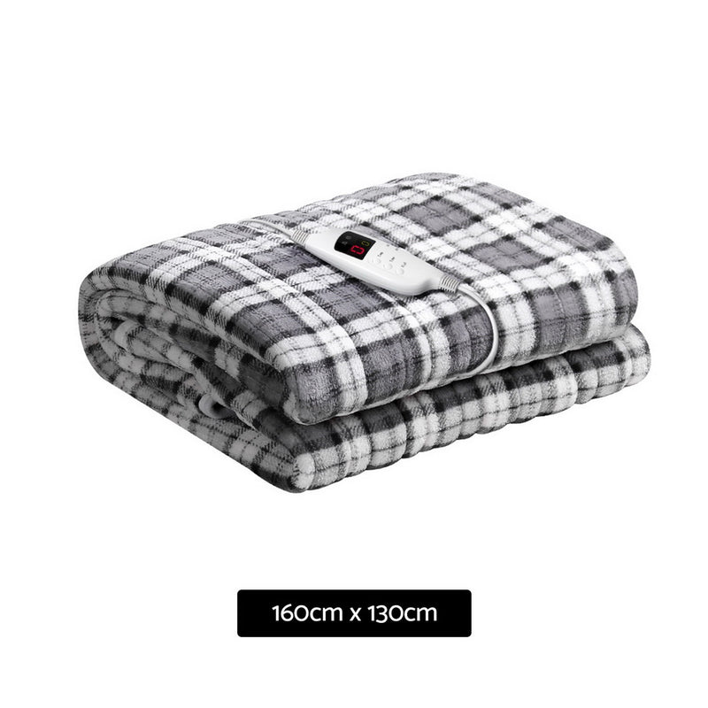 Bedding Electric Throw Rug Flannel Snuggle Blanket Washable Heated Grey and White Checkered Image 2 - eb-throw-rug-fln