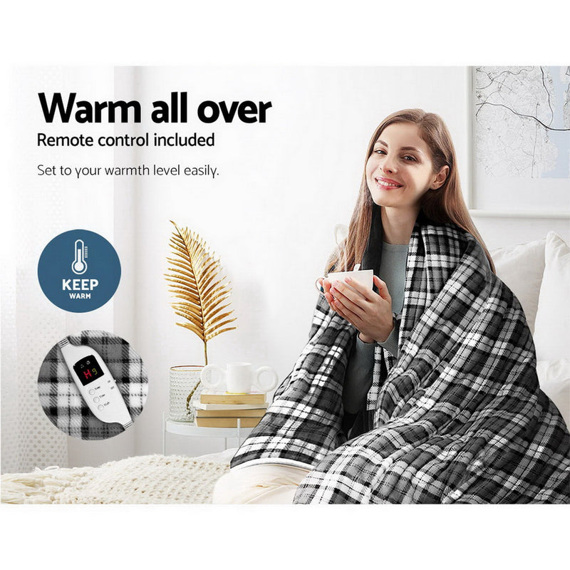 Bedding Electric Throw Rug Flannel Snuggle Blanket Washable Heated Grey and White Checkered Image 4 - eb-throw-rug-fln