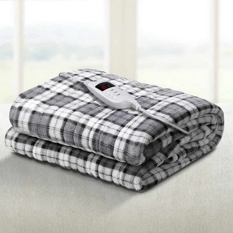 Bedding Electric Throw Rug Flannel Snuggle Blanket Washable Heated Grey and White Checkered Image 7 - eb-throw-rug-fln
