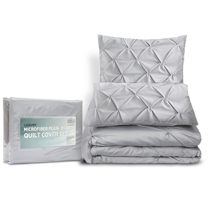 Cotton Quilt Cover Set King Bed Pinch Diamond Duvet Doona Cover Grey