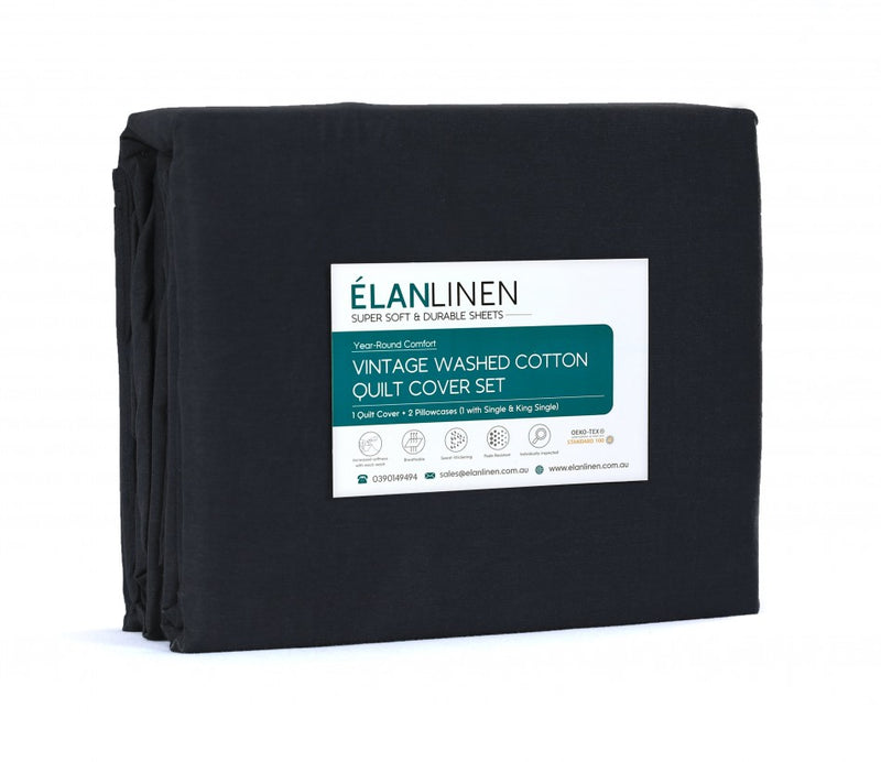 Elan Linen 100% Egyptian Cotton Vintage Washed 500TC Charcoal Double Quilt Cover Set