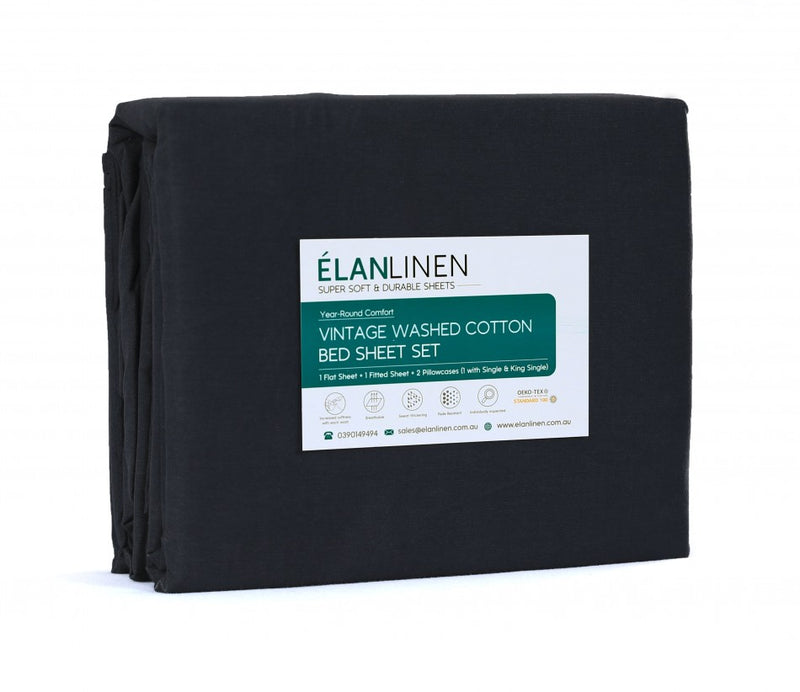 Elan Linen 100% Egyptian Cotton Vintage Washed 500TC Charcoal 50 cm Deep Mega Queen SIze Bed Sheets Set