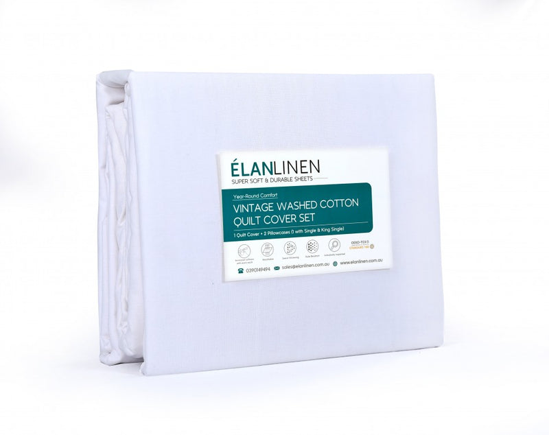 Elan Linen 100% Egyptian Cotton Vintage Washed 500TC White Queen Quilt Cover Set