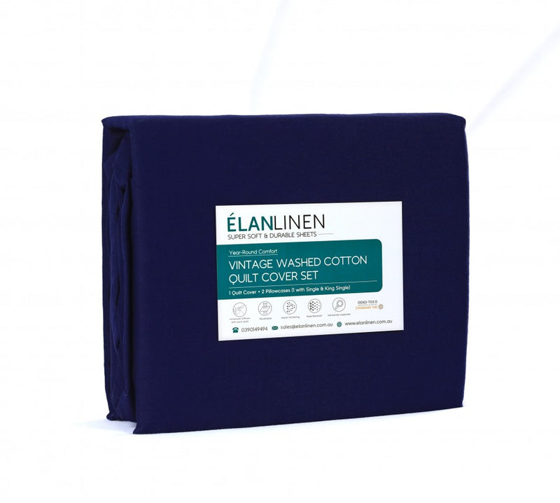 Elan Linen 100% Egyptian Cotton Vintage Washed 500TC Navy Blue Single Quilt Cover Set