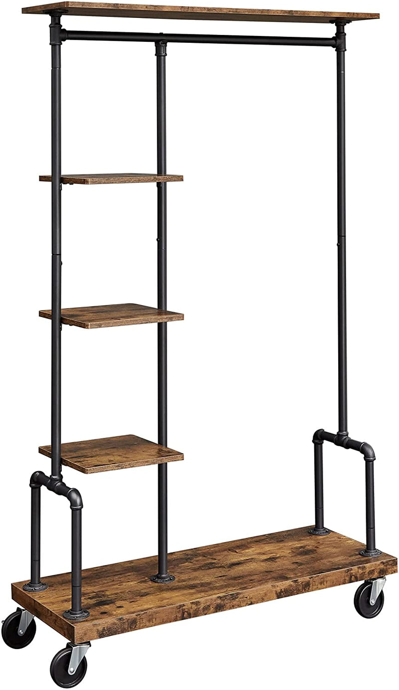 Clothing Garment Rack on Wheels with 5-Tier, Industrial Pipe Style, Rustic Brown Image 1 - v178-11284