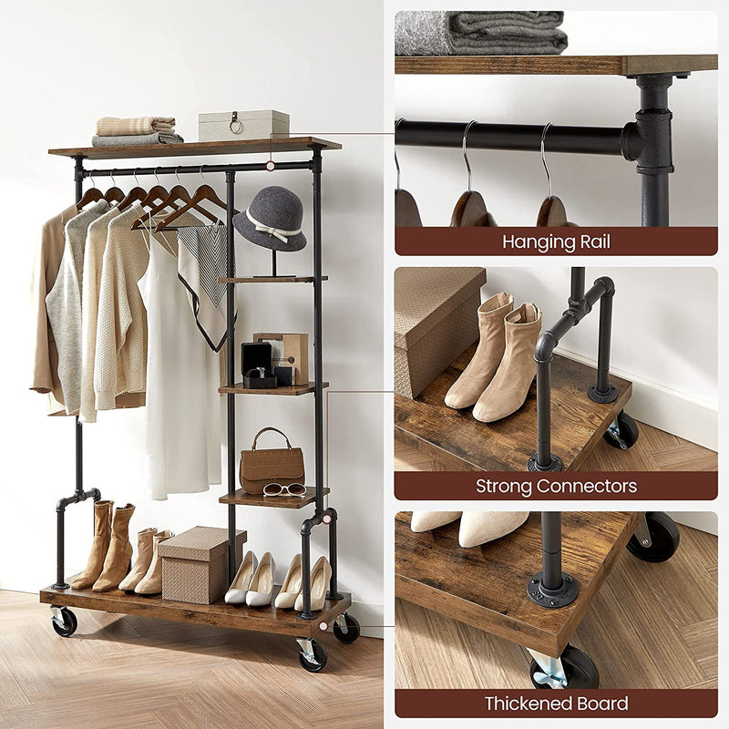 Clothing Garment Rack on Wheels with 5-Tier, Industrial Pipe Style, Rustic Brown Image 4 - v178-11284