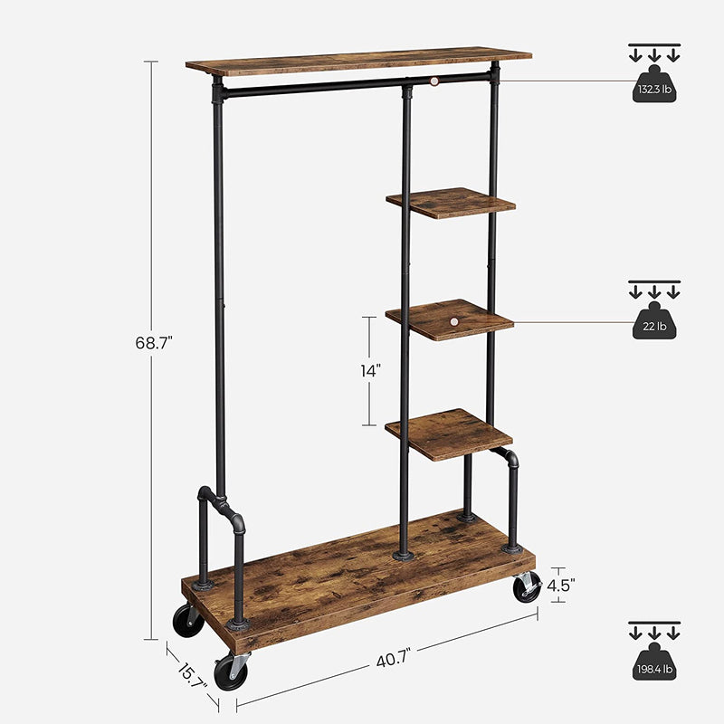 Clothing Garment Rack on Wheels with 5-Tier, Industrial Pipe Style, Rustic Brown Image 6 - v178-11284