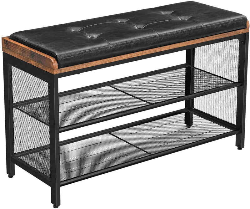 Shoe Bench with Mesh Shelf and Faux Leather Vintage Brown Black 80 x 30 x 48 cm Image 1 - v178-11406