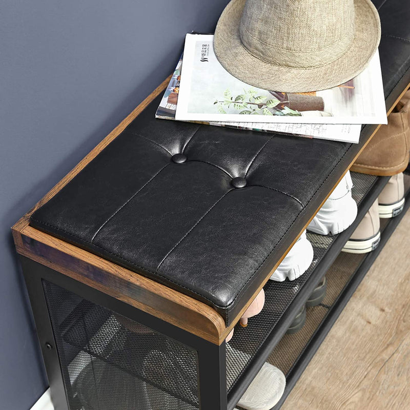 Shoe Bench with Mesh Shelf and Faux Leather Vintage Brown Black 80 x 30 x 48 cm Image 4 - v178-11406