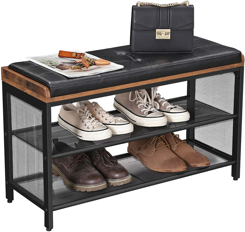 Shoe Bench with Mesh Shelf and Faux Leather Vintage Brown Black 80 x 30 x 48 cm Image 7 - v178-11406
