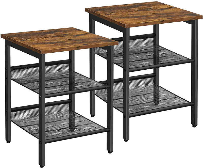 Industrial Set of 2 Bedside Tables with Adjustable Mesh Shelves Rustic Brown and Black Image 1 - v178-11604