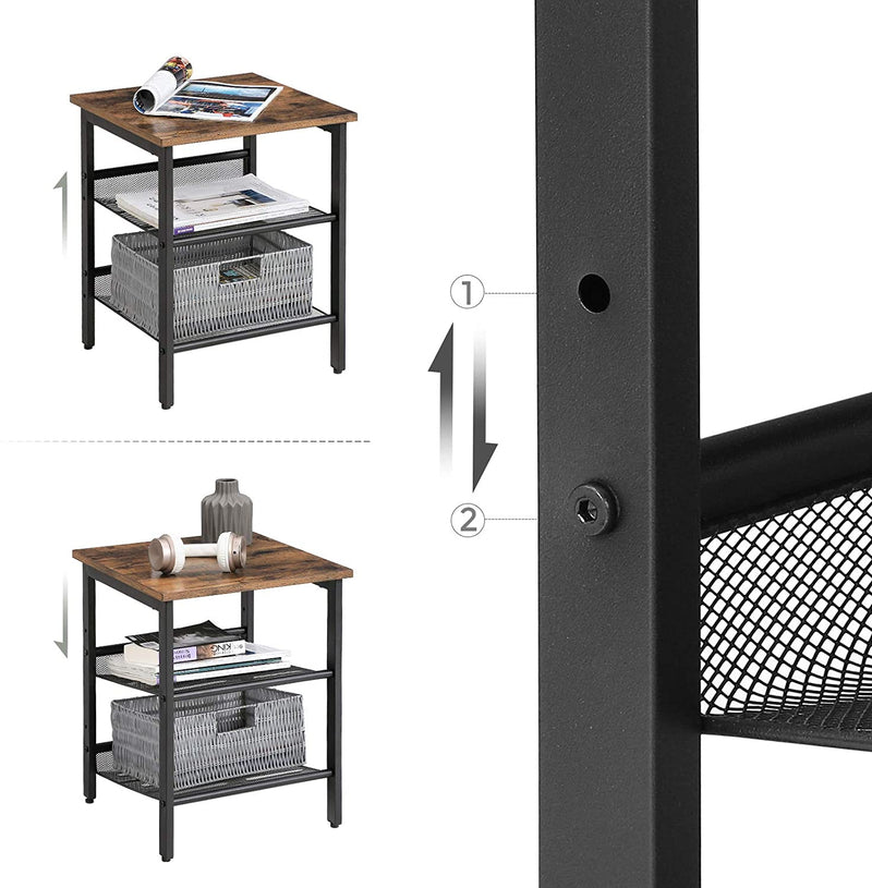 Industrial Set of 2 Bedside Tables with Adjustable Mesh Shelves Rustic Brown and Black Image 6 - v178-11604