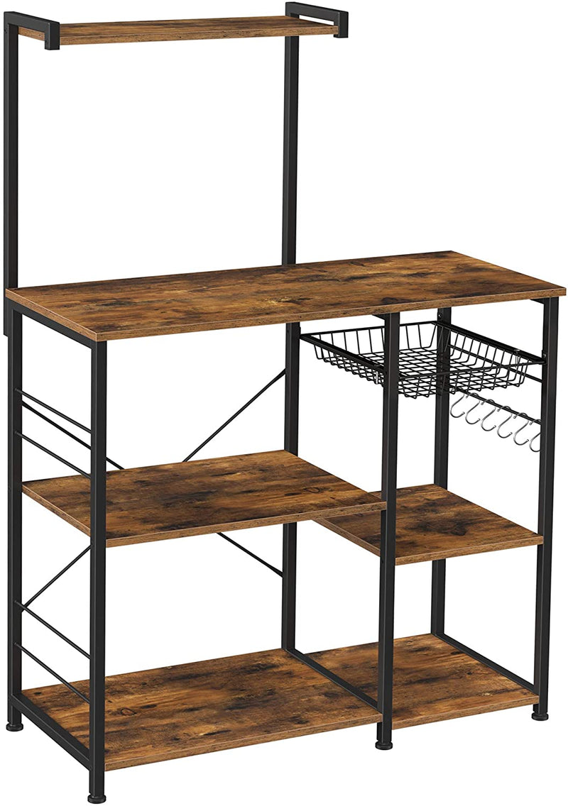 Kithcen Baker's Rack with Shelves Microwave Stand with Wire Basket and 6 S-Hooks Rustic Brown Image 1 - v178-11901