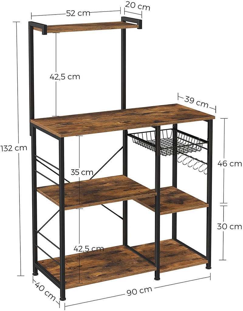 Kithcen Baker's Rack with Shelves Microwave Stand with Wire Basket and 6 S-Hooks Rustic Brown Image 2 - v178-11901