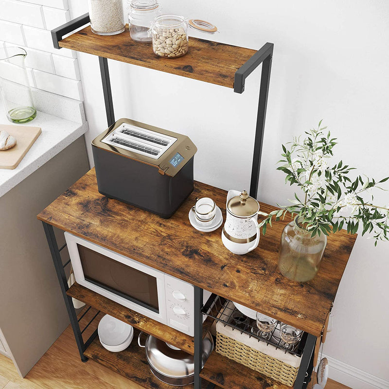 Kithcen Baker's Rack with Shelves Microwave Stand with Wire Basket and 6 S-Hooks Rustic Brown Image 6 - v178-11901