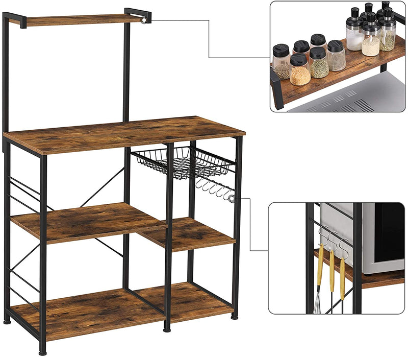 Kithcen Baker's Rack with Shelves Microwave Stand with Wire Basket and 6 S-Hooks Rustic Brown Image 8 - v178-11901