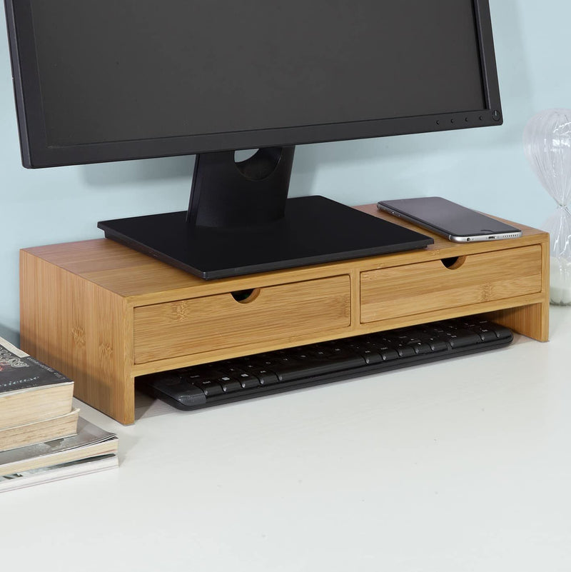 Bamboo Monitor Stand Desk Organizer with 2 Drawers Image 2 - v178-84546