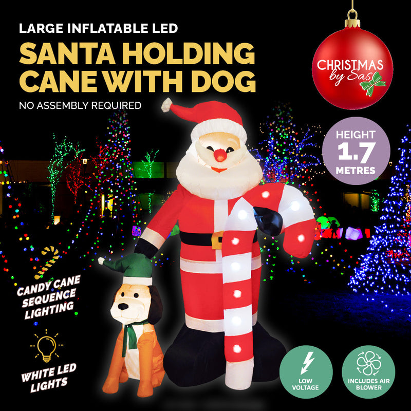 Christmas By Sas 1.7m Self Inflatable LED Santa Dog & Candy Cane