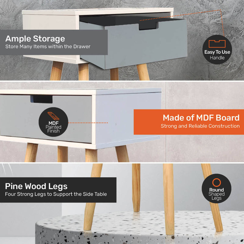 Home Master 1 Drawer Side Table Modern Sleek &amp; Stylish Neutral Design 61cm