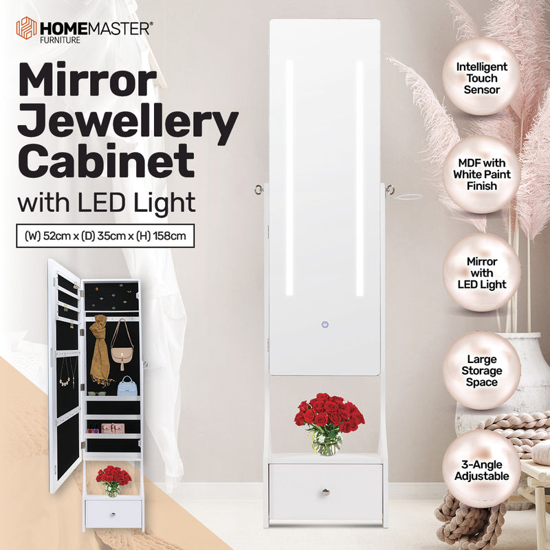 Home Master 158cm Mirror Jewellery Cabinet LED Lighting &amp; Adjustable Angling
