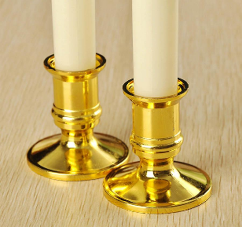 3 Pack Taper Stick White Battery Candle - Natural Flame Light Colour No Flicker - Gold Stand Base