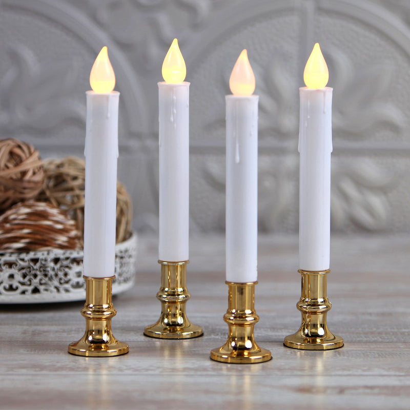 3 Pack Taper Stick White Battery Candle - Natural Flame Light Colour No Flicker - Gold Stand Base