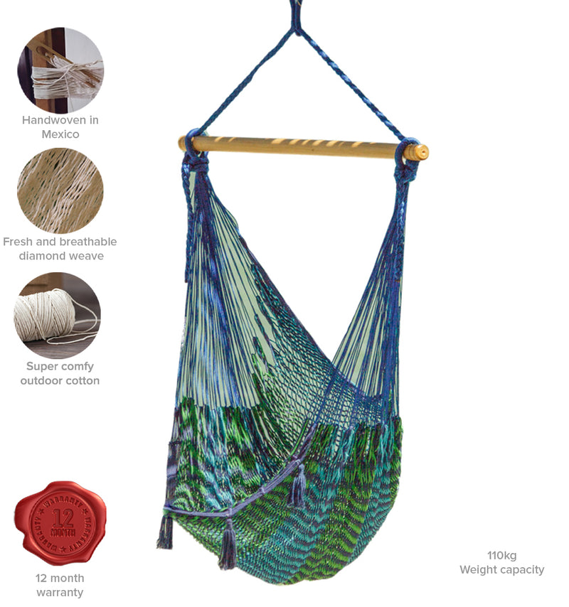 Mayan Legacy Extra Large Outdoor Cotton Mexican Hammock Chair in Caribe Colour Image 3 - v97-hschcaribe