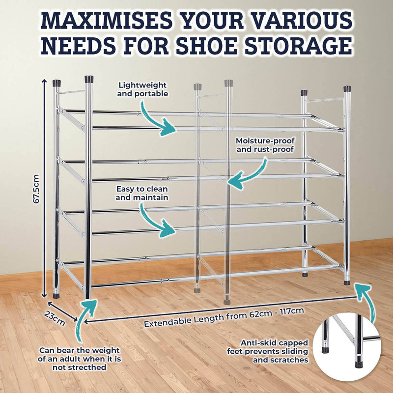 Home Master 4 Tier Shoe Rack Extendable Stainless Steel Structure 62cm-117cm